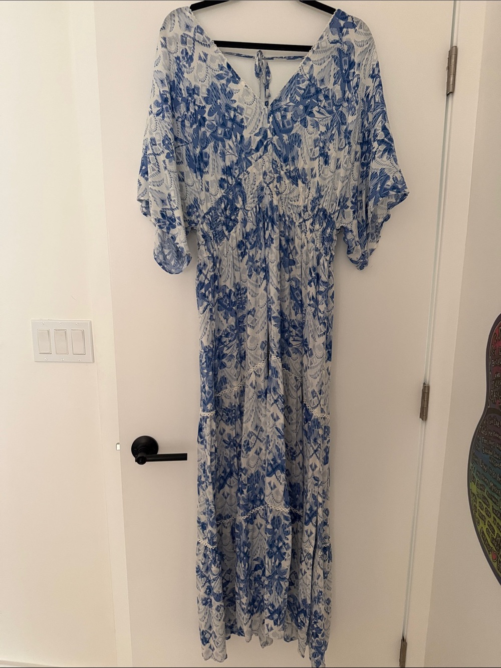 Blue Floral V‑Neck Maxi Dress with Smocked Waist